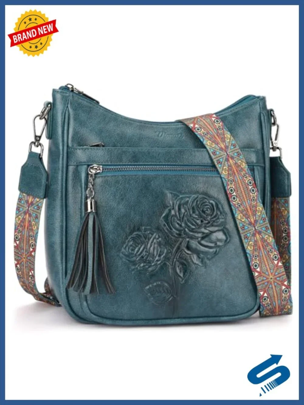 Vegan Leather Hobo Crossbody Bag with Embossed Floral Pattern